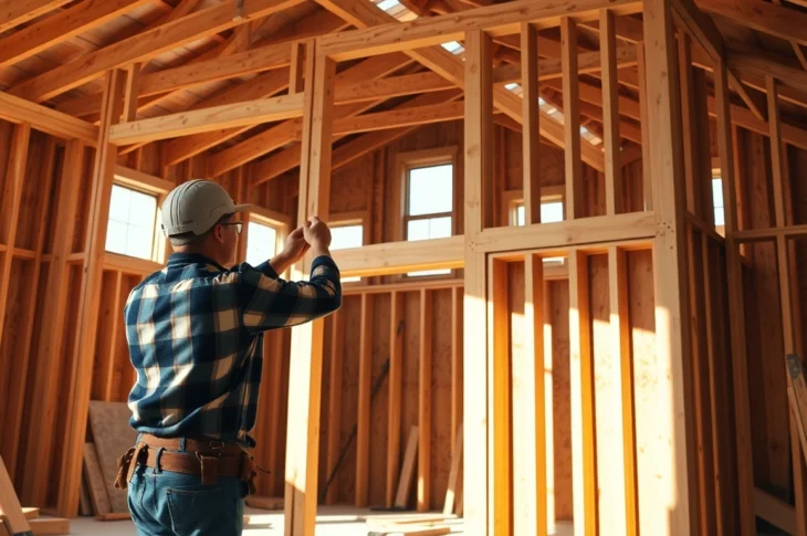 High-quality framing construction with skilled workers assembling wooden building supports, emphasizing durability and craftsmanship.