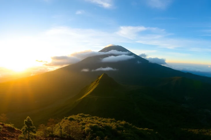 Hiker ascending Mount Rinjani with scenic volcanic landscape and lush greenery, showcasing the mountain's grandeur and natural beauty.