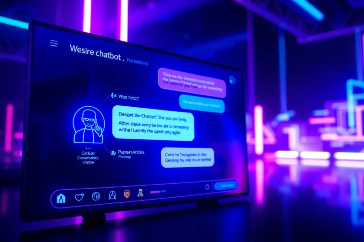 Futuristic digital interface displaying AI chatbot conversations with vibrant neon colors and holographic character profiles.