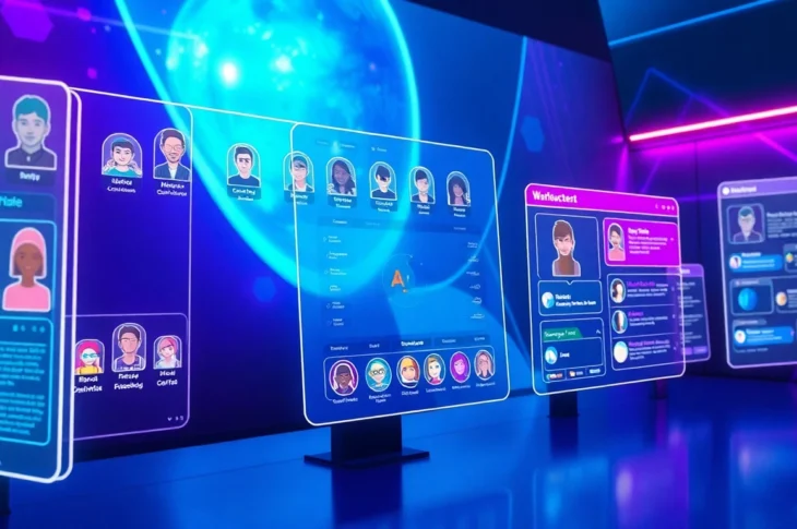 Futuristic digital interface showcasing customizable AI characters in a vibrant virtual environment with neon lighting and holographic panels.