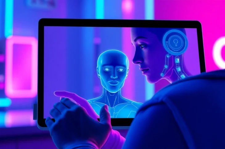 Futuristic digital scene showing a user interacting with a holographic AI character on a tablet.