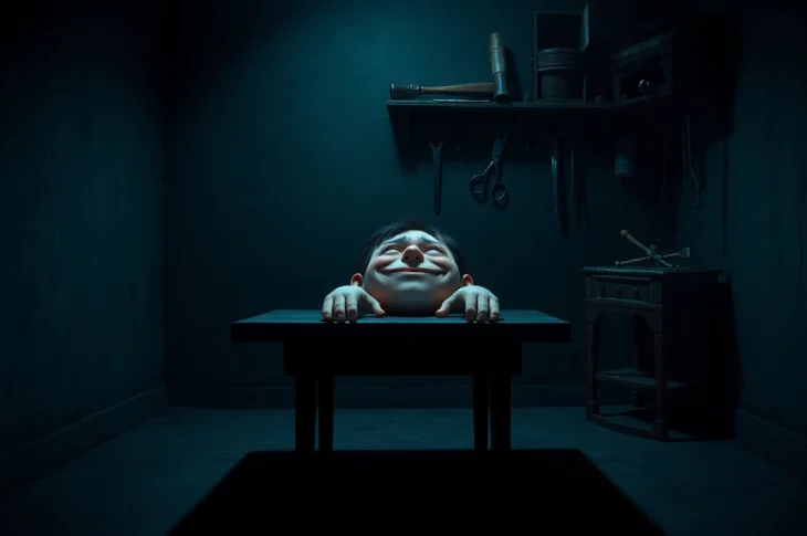 A distressed cartoon character named Harvey in a dark room with violent tools around him, showing suffering and fear.