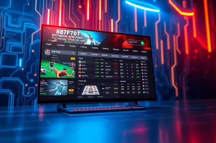 Digital sportsbook interface with sports betting elements and vibrant lighting