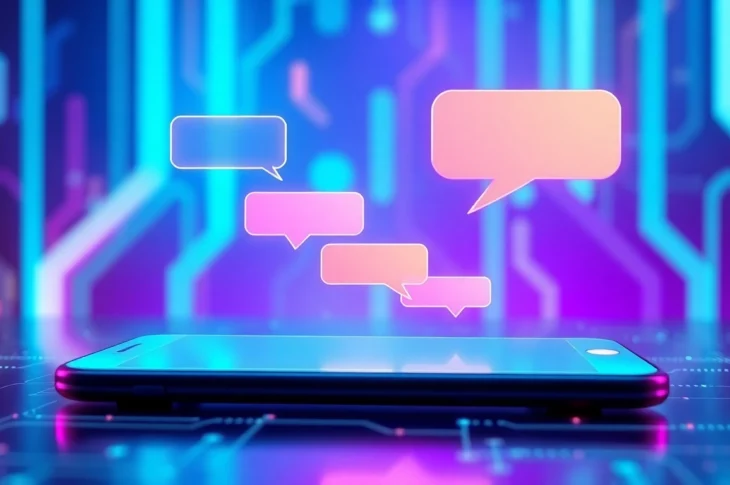 Futuristic AI chatbot interface on a digital device with colorful speech bubbles and neon background