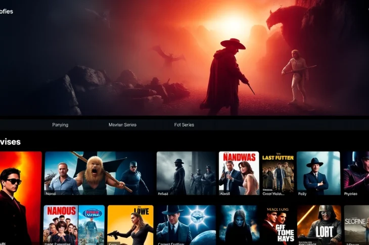 مشهد ديناميكي يعرض أفلام مترجمة محاناً على منصة مشاهدة أفلام عالية الجودة لجذب عشاق السينما.