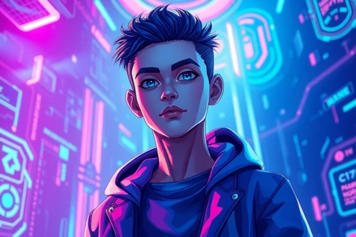 An AI character in a cyberpunk-inspired digital environment with neon lighting and detailed textures.