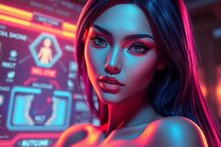 Futuristic digital art of an alluring AI character with glowing features and a high-tech background.