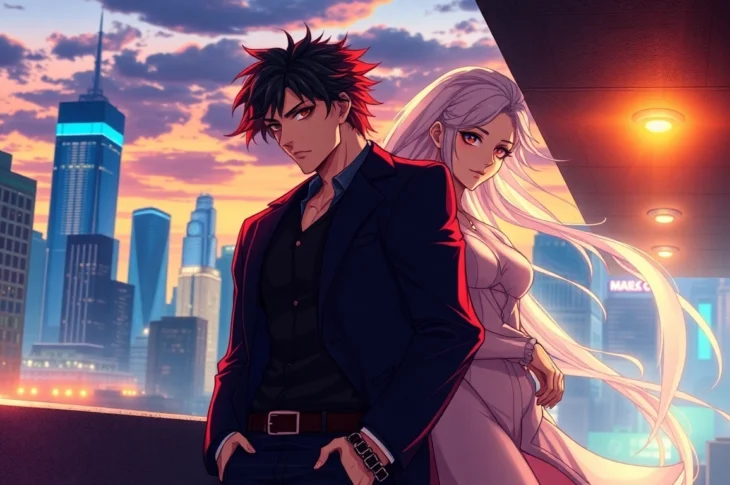 An artistic depiction of two characters representing Omegaverse themes, set against a cityscape at dusk with dramatic lighting and mystical energy.