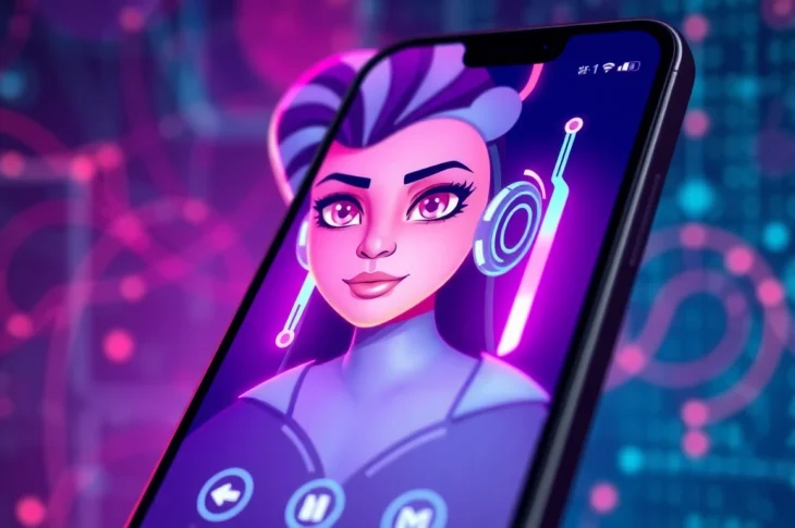 Futuristic AI chat interface on a smartphone with a confident AI character glowing in neon colors.
