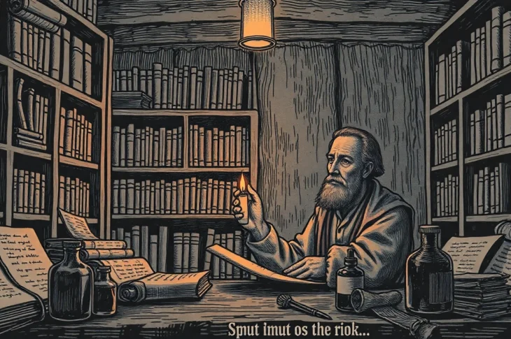 An old scholarly scene with a scholar in a dimly lit study surrounded by parchment and books, evoking historical depth.