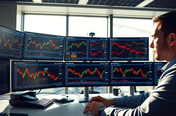 Professional trader analyzing online trading UK platforms on multiple screens in a modern